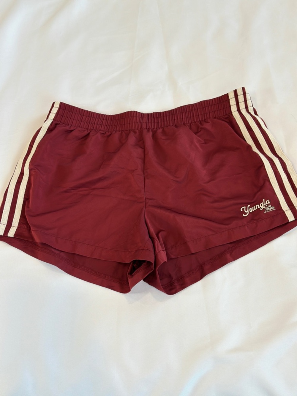 SOLD | YoungLA Women's Maroon Athletic Shorts with Cream Stripes